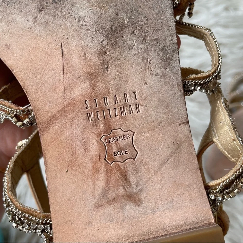 Stuart Weitzman Gold Thongshow Chain Crystals Embellished Flat Sandals Size 8.5